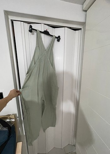 Gri Keten Kadın Uzun Askılı Tulum - Görsel 3