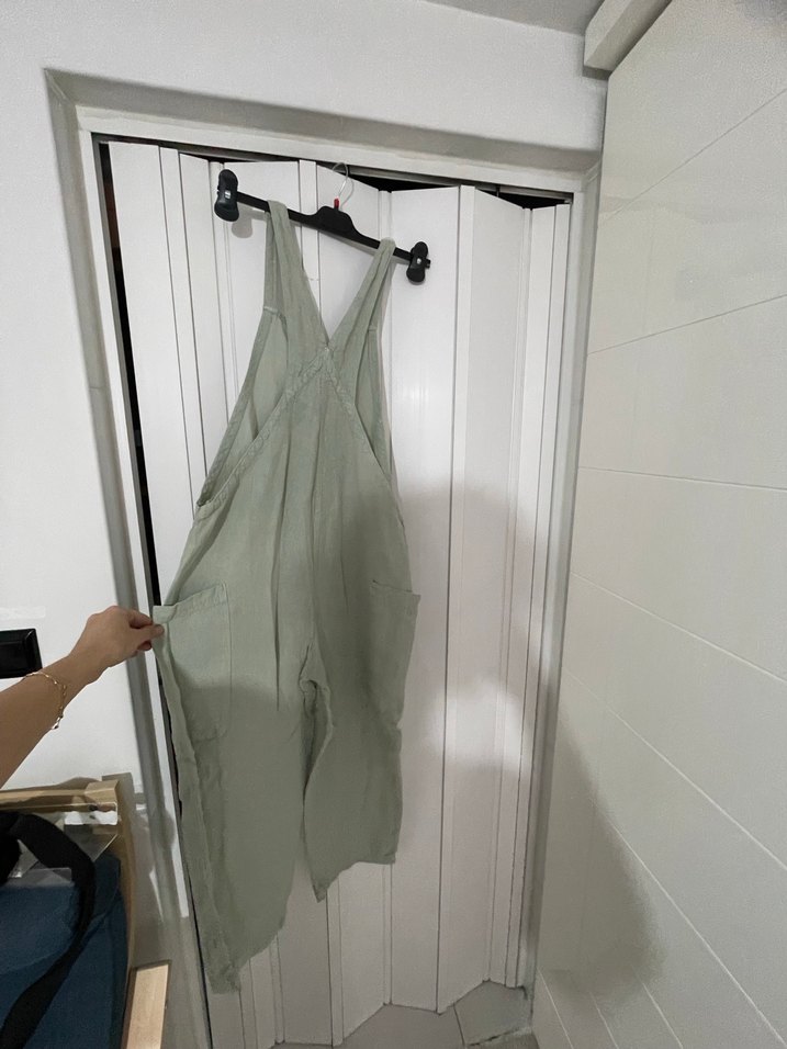 Gri Keten Kadın Uzun Askılı Tulum - Görsel 3