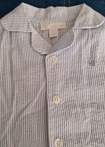 The Little White Company Düğmeli Keten acık mavi çizgili bebe tulum 6/9