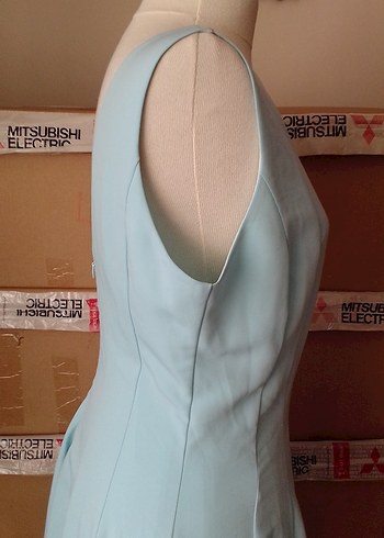 Mavi Klasik V Yaka Pilili Midi Elbise/ Palmetto marka - Görsel 5