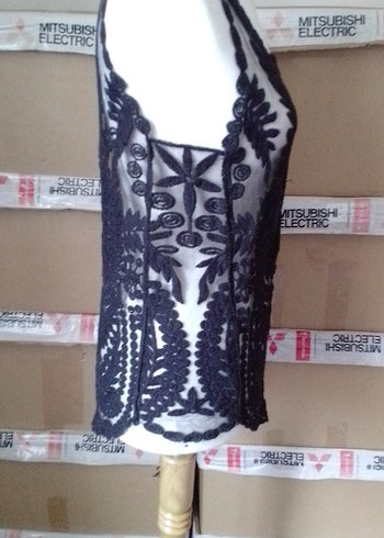 Dantel İşlemeli Siyah Kolsuz Midi Yelek - Görsel 10