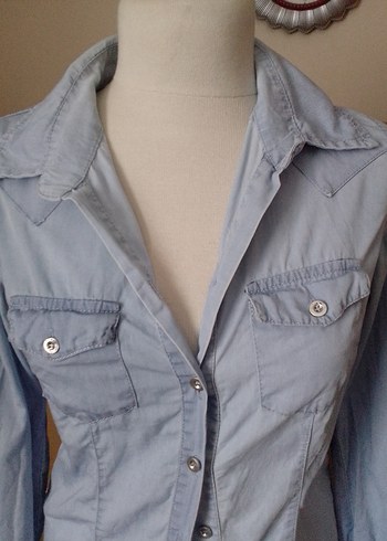 Mavi Uzun Kollu Denim Kadın Gömlek - Görsel 3