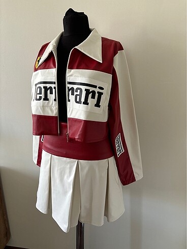 Ferrari yazılı deri etek ceket takım - Görsel 3