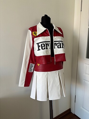 Ferrari yazılı deri etek ceket takım - Görsel 5