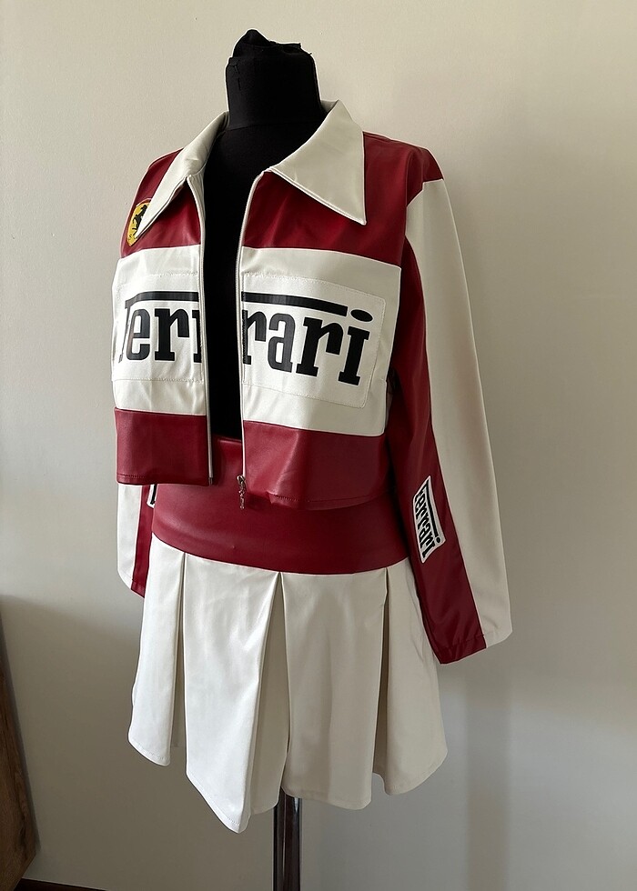 Ferrari yazılı deri etek ceket takım - Görsel 3