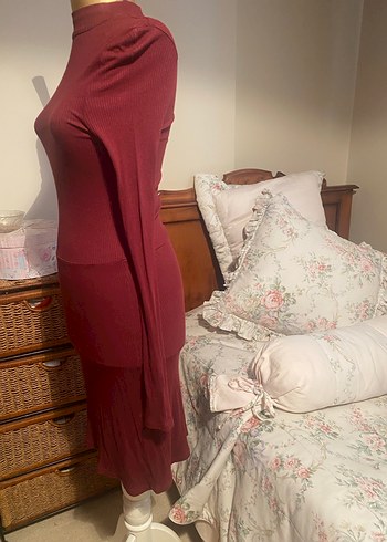Bordo Uzun Kollu Yüksek Yakalı Elbise - Görsel 2