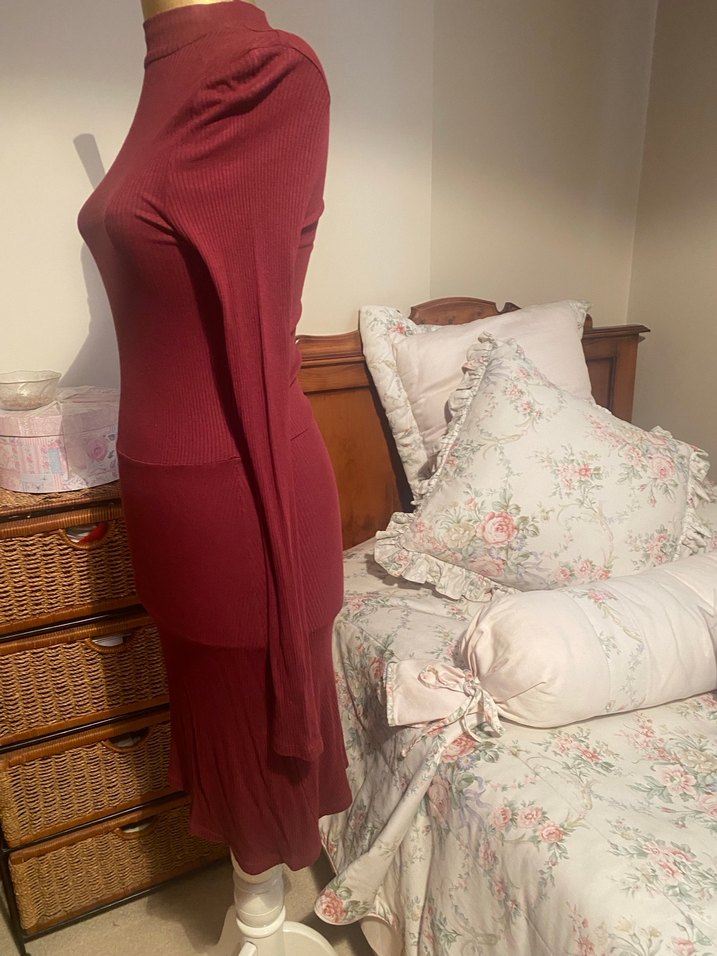 Bordo Uzun Kollu Yüksek Yakalı Elbise - Görsel 2