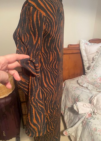 Uzun Kollu Zebra Desenli Kahverengi Elbise - Görsel 3