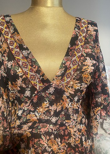 V Yaka Bağcıklı Bohem Uzun Elbise - Görsel 2