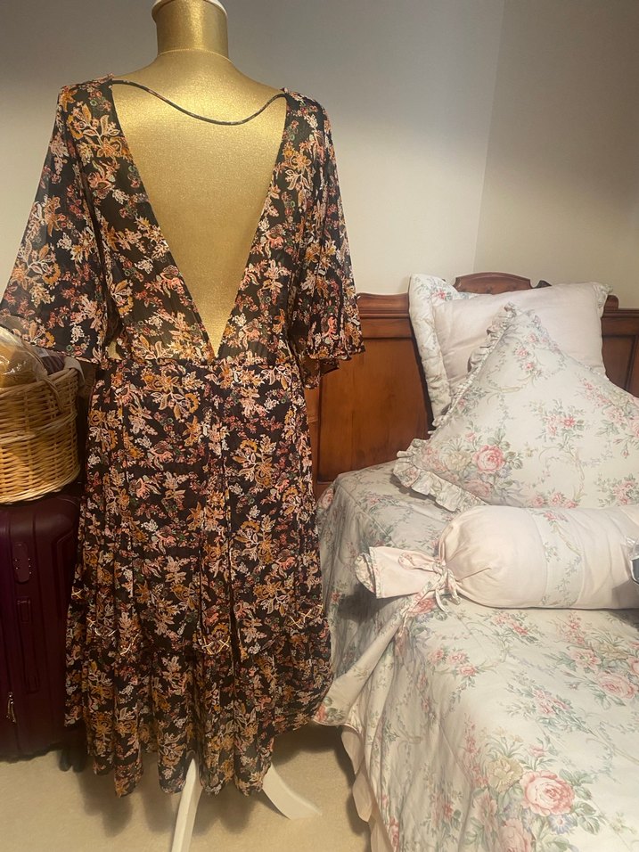 V Yaka Bağcıklı Bohem Uzun Elbise - Görsel 4