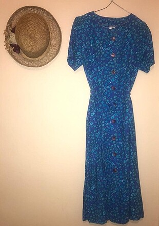 Vintage Mavi Çiçekli Elbise