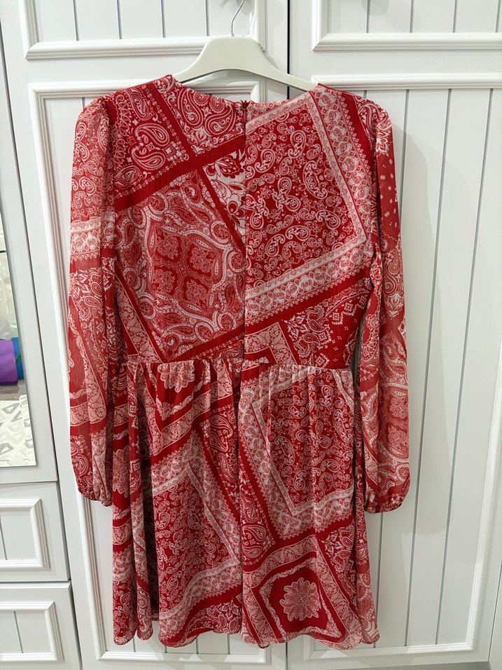 Uzun Kollu Kırmızı Bohem Midi Elbise - Görsel 3