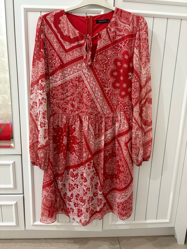 Uzun Kollu Kırmızı Bohem Midi Elbise - Görsel 2