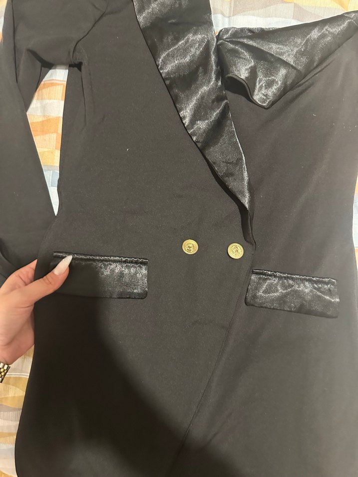 Tek kollu Düğmeli Siyah Uzun Kadın elbise - Görsel 2