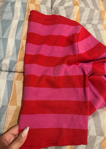 Zara Pembe Çizgili Triko Crop Kazak - Görsel 6