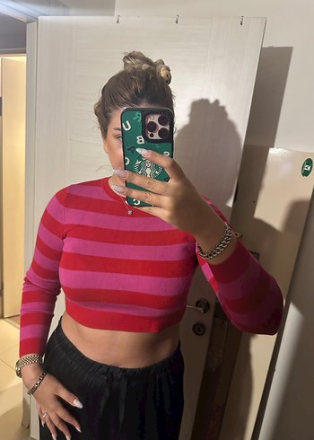 Zara Pembe Çizgili Triko Crop Kazak - Görsel 2