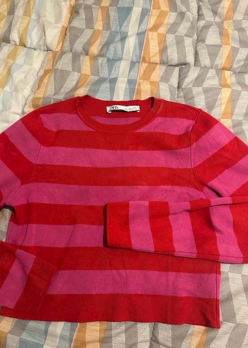 Zara Pembe Çizgili Triko Crop Kazak - Görsel 3
