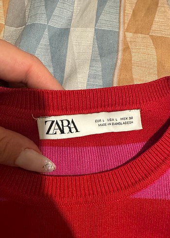 Zara Pembe Çizgili Triko Crop Kazak - Görsel 5