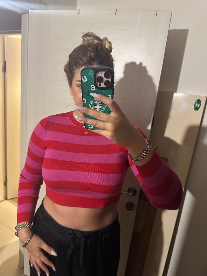 Zara Pembe Çizgili Triko Crop Kazak - Görsel 2