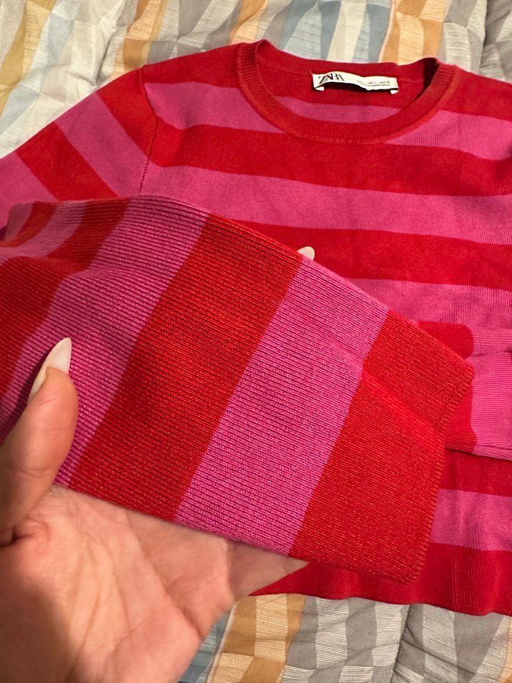 Zara Pembe Çizgili Triko Crop Kazak - Görsel 4