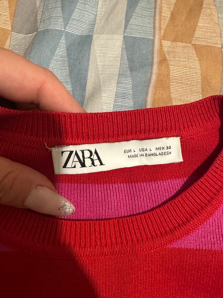 Zara Pembe Çizgili Triko Crop Kazak - Görsel 5