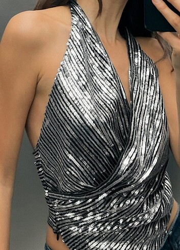 Zara Payetli halter yaka top