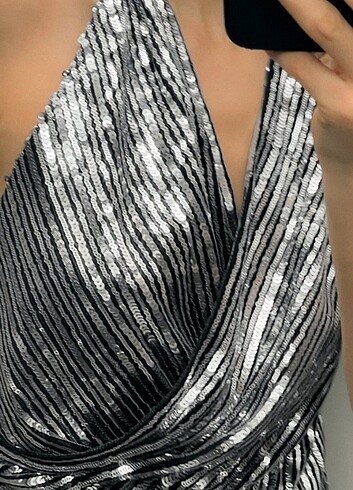 xs Beden siyah Renk Payetli halter yaka top