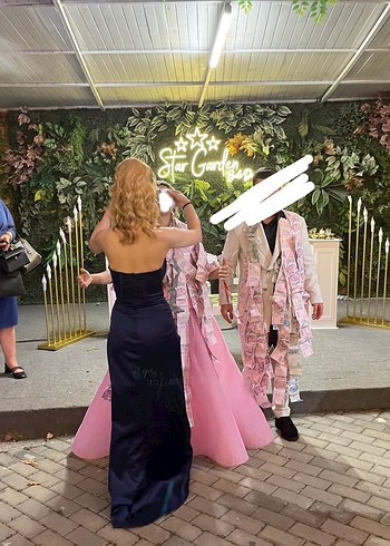 Mavi Parlak Boncuk Detaylı Straplez Midi Abiye - Görsel 3