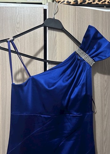 Parlak Lacivert Drapeli Uzun Abiye Elbise - Görsel 3