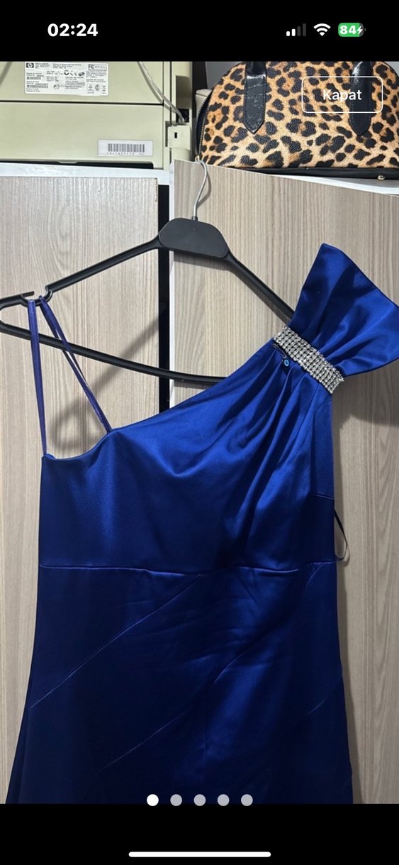 Parlak Lacivert Drapeli Uzun Abiye Elbise - Görsel 3