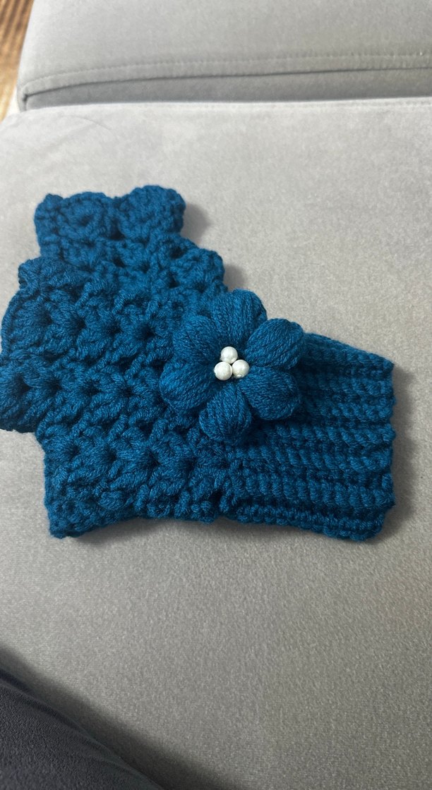 Mavi Örgü Kadın Eldiveni Çiçek Detaylı - Görsel 4