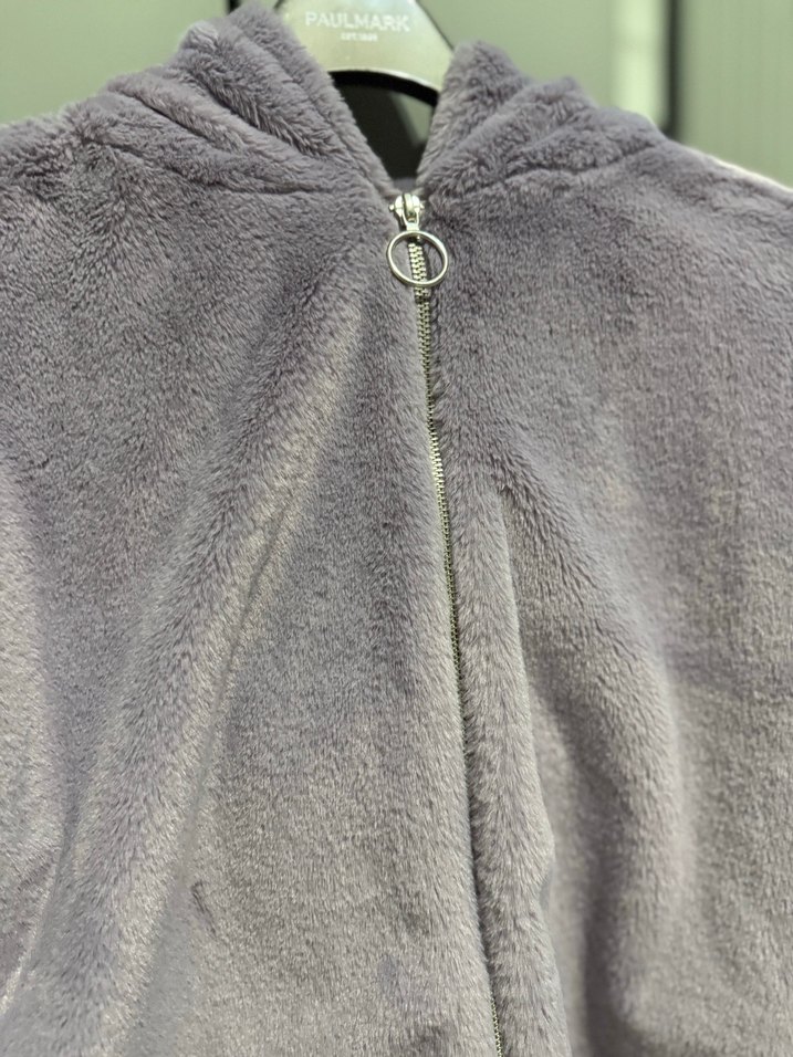 Lila Kadın kapüşonlu Peluş Ceket - Görsel 3