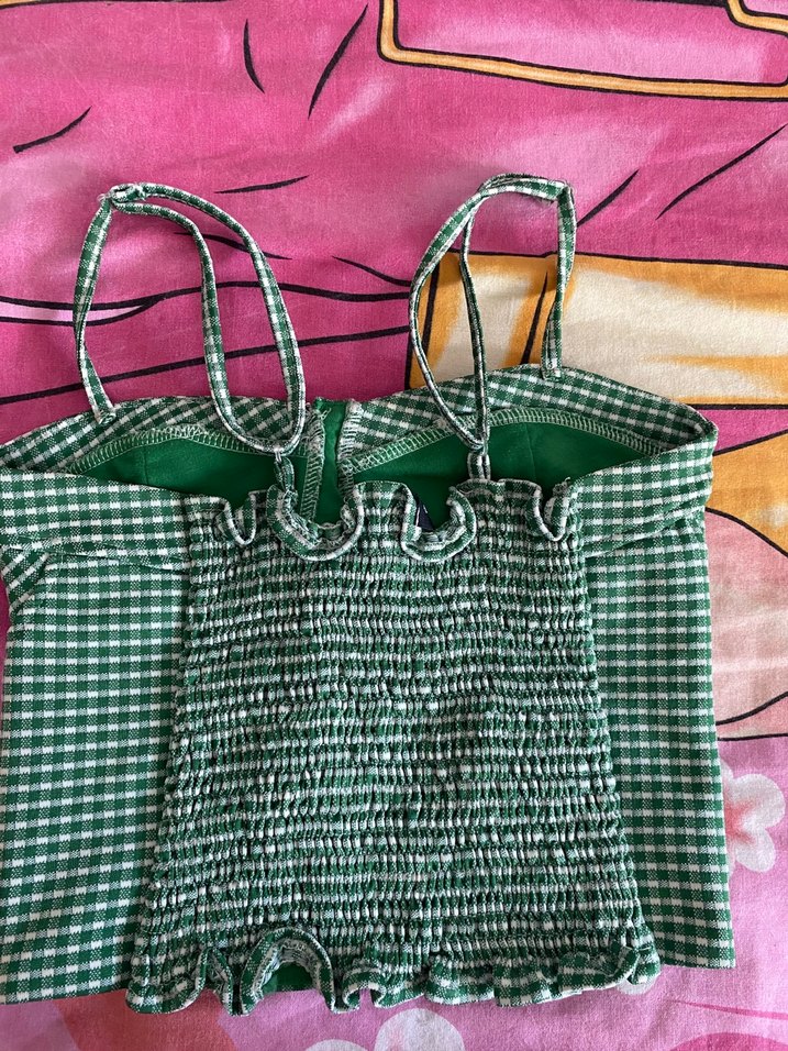 Yeşil Ekose Askılı bluz - Görsel 2