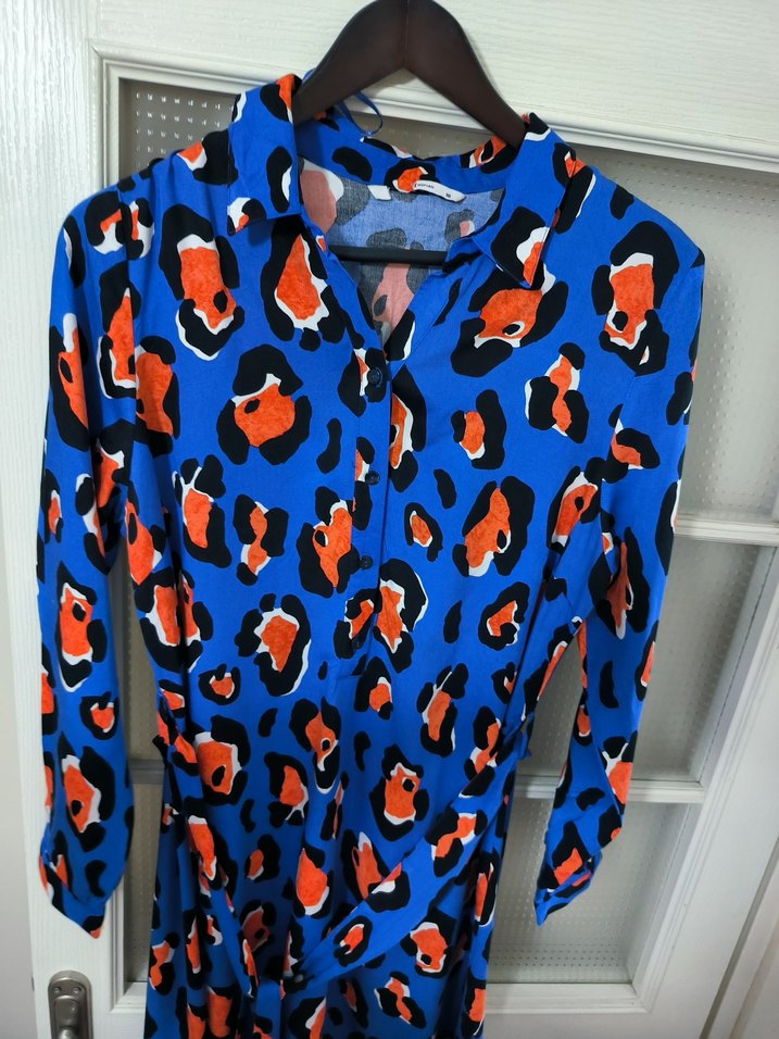 Uzun Kollu Renkli Baskılı Kadın Gömlek Elbise - Görsel 2