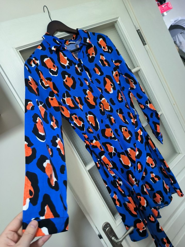 Uzun Kollu Renkli Baskılı Kadın Gömlek Elbise - Görsel 3