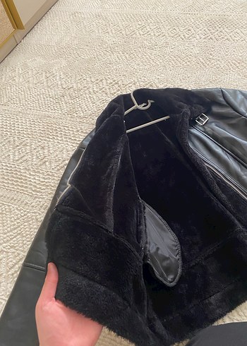 Diğer Kürk Detaylı Siyah Deri Biker Ceket