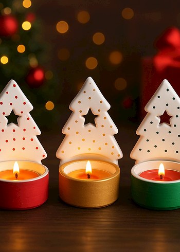 Renkli Altlıklı Beyaz Yılbaşı Ağacı Mumluk - Görsel 2