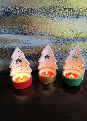 Renkli Altlıklı Beyaz Yılbaşı Ağacı Mumluk - Görsel 6