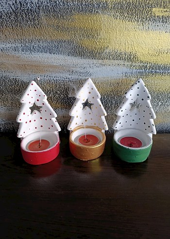 Renkli Altlıklı Beyaz Yılbaşı Ağacı Mumluk - Görsel 5