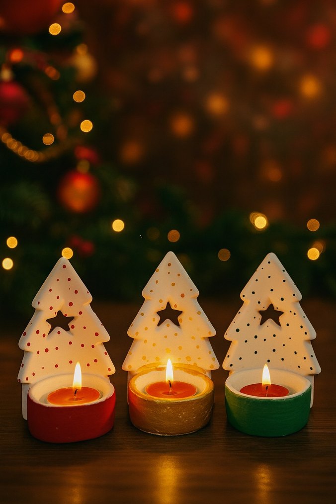 Renkli Altlıklı Beyaz Yılbaşı Ağacı Mumluk - Görsel 4