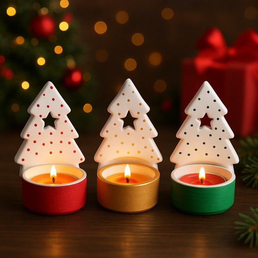 Renkli Altlıklı Beyaz Yılbaşı Ağacı Mumluk - Görsel 2