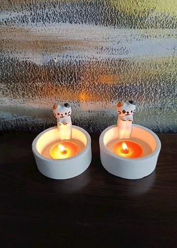 Sevimli Kedi Figürlü Beyaz Mumluk - Görsel 3