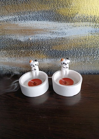 Sevimli Kedi Figürlü Beyaz Mumluk - Görsel 4