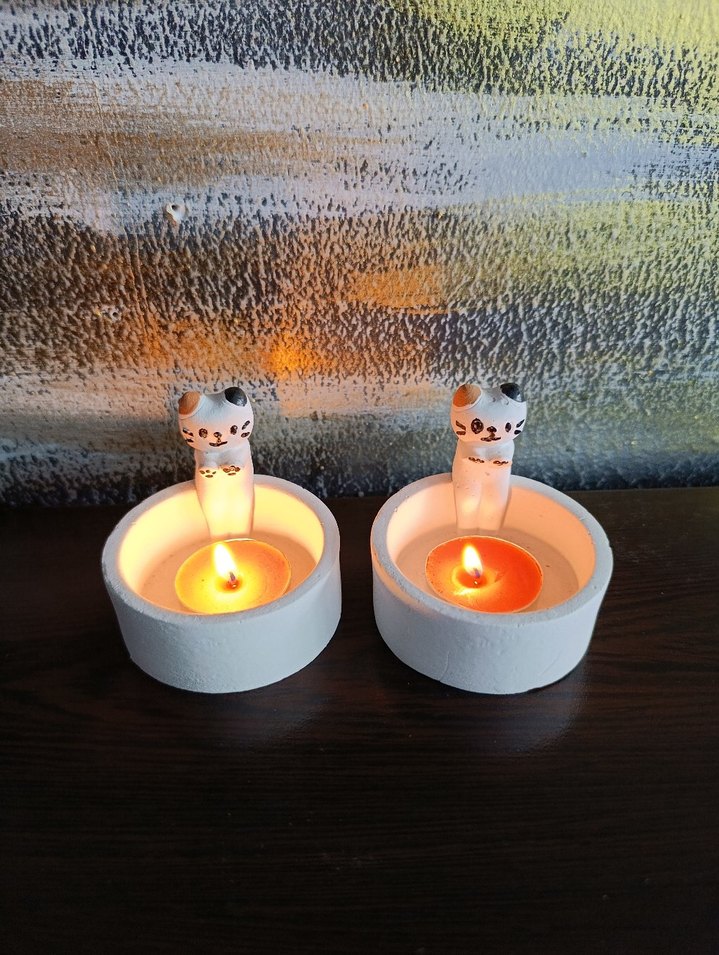 Sevimli Kedi Figürlü Beyaz Mumluk - Görsel 5