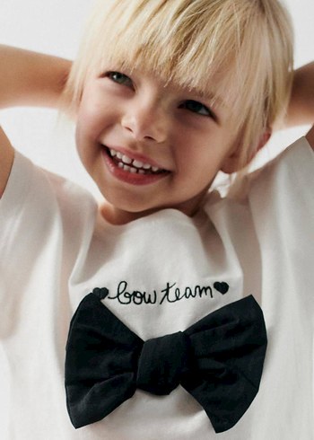 Kız Çocuk Siyah Fiyonk Detaylı Beyaz Tişört - Görsel 3