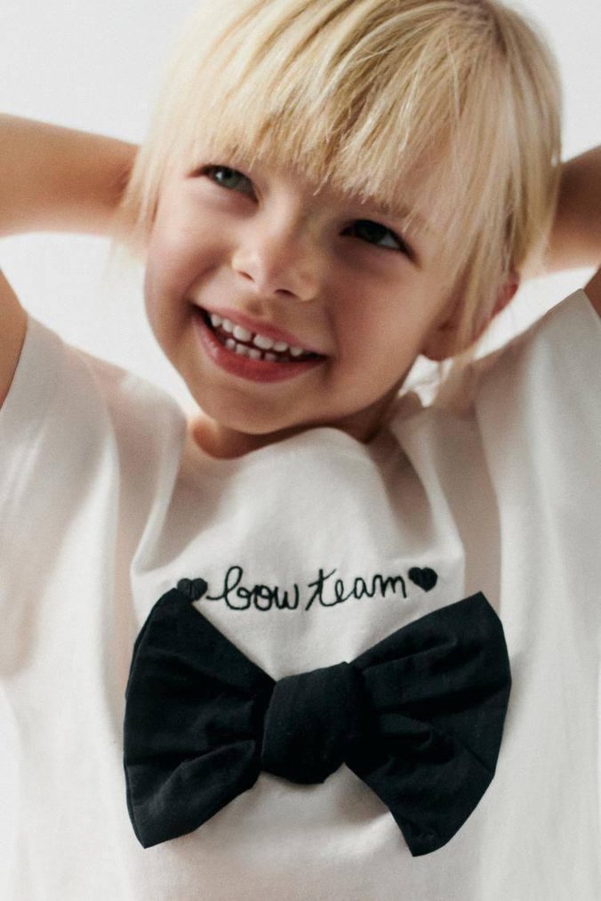 Kız Çocuk Siyah Fiyonk Detaylı Beyaz Tişört - Görsel 3