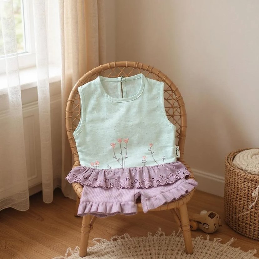 Nakışlı Fırfırlı Kolsuz Bebek Kız Takımı - Görsel 2