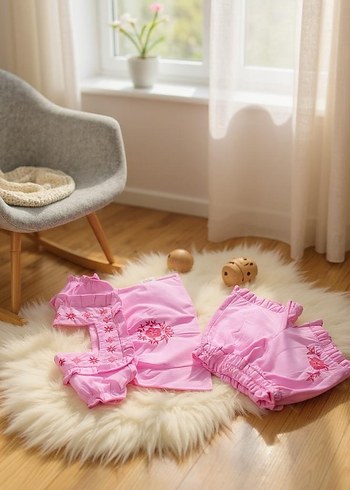 Dantel Detaylı Nakışlı Pembe Bebek Kız Takımı - Görsel 2