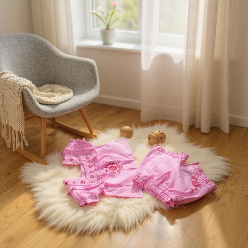 Dantel Detaylı Nakışlı Pembe Bebek Kız Takımı - Görsel 2