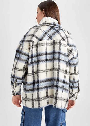 Düğmeli Ekose Desenli Gri Kadın Gömlek - Görsel 3